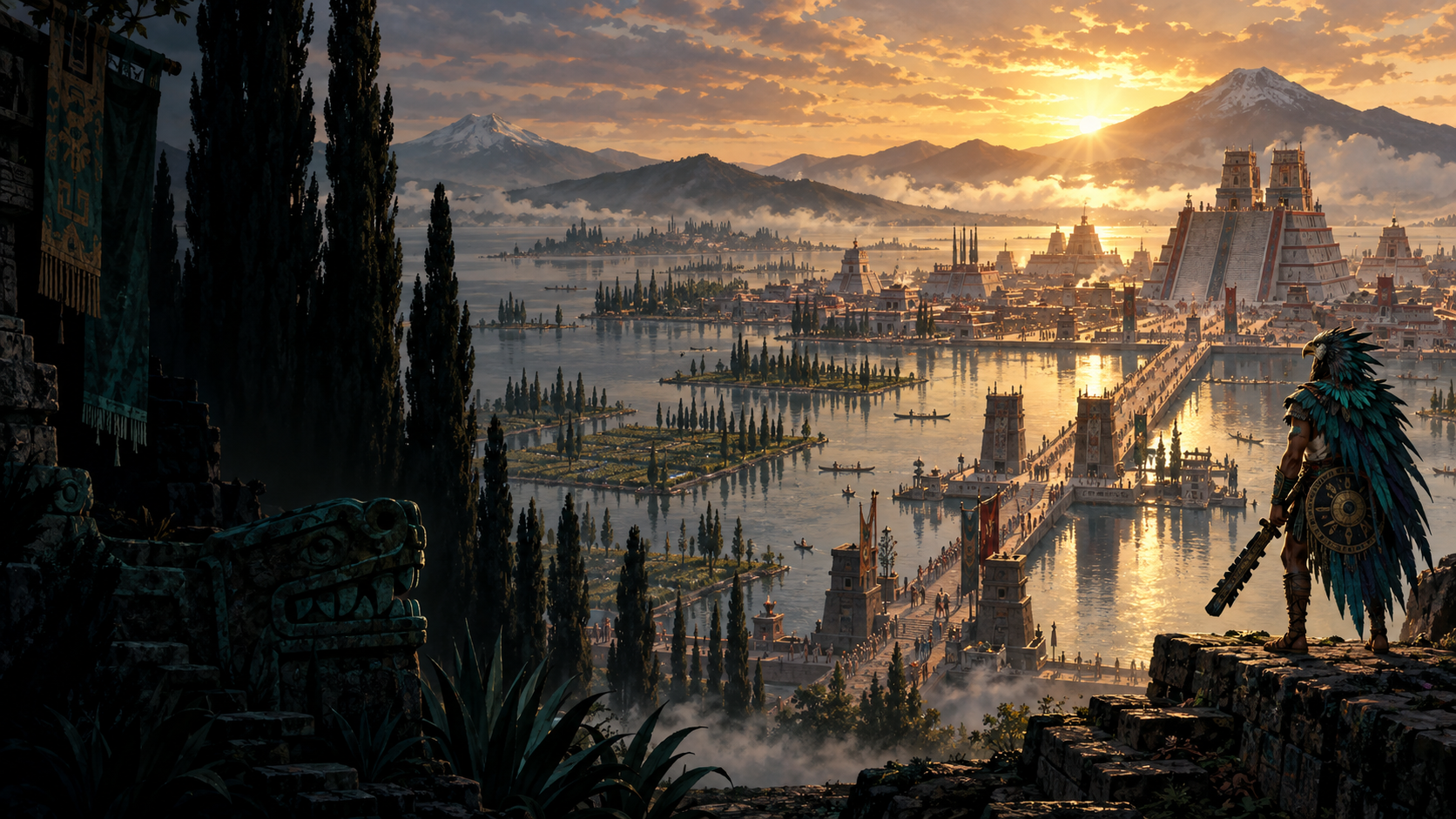 Ilustración del Anáhuac: una ciudad de templos entre lagos y chinampas, al amanecer.